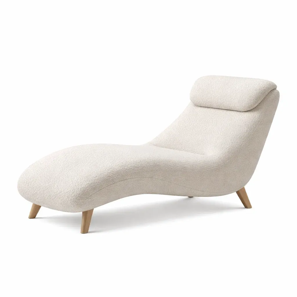 Chaise longue courbe tissu creme pieds bois-cresthomey
