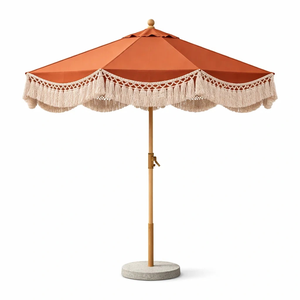 Parasol central exterieur avec franges orange-cresthomey