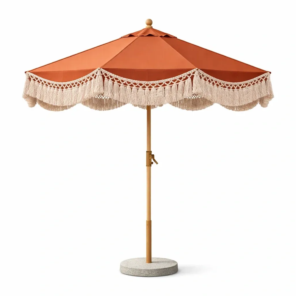 Parasol central exterieur avec franges orange-cresthomey