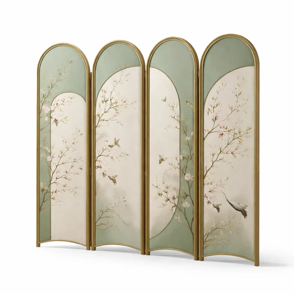 Paravent decoratif quatre panneaux motif floral vert-cresthomey