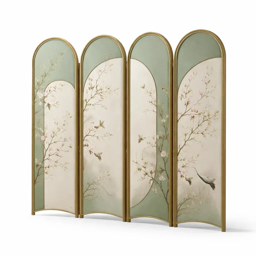 Paravent decoratif quatre panneaux motif floral vert-cresthomey