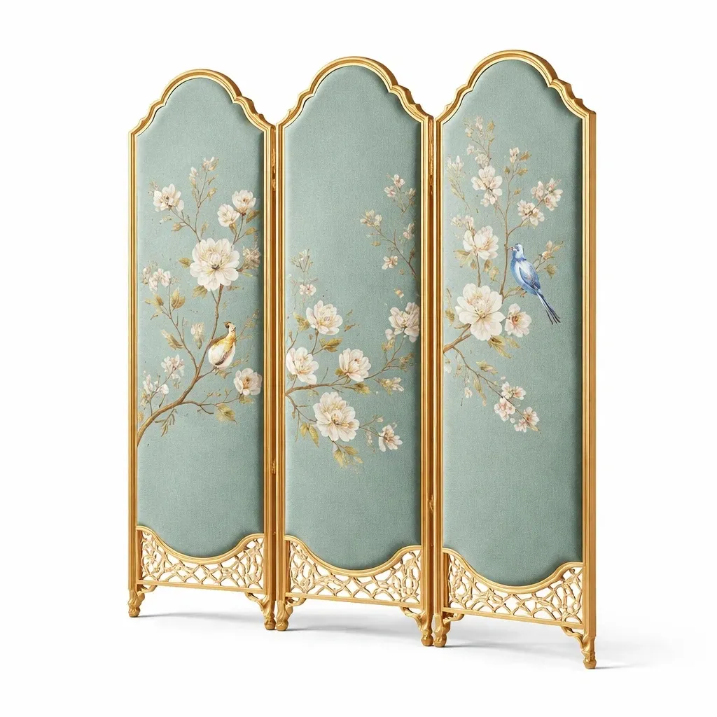 Paravent classique trois panneaux motif fleurs et oiseaux-cresthomey