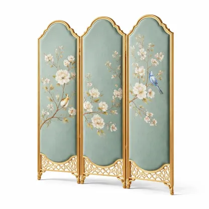 Paravent classique trois panneaux motif fleurs et oiseaux-cresthomey