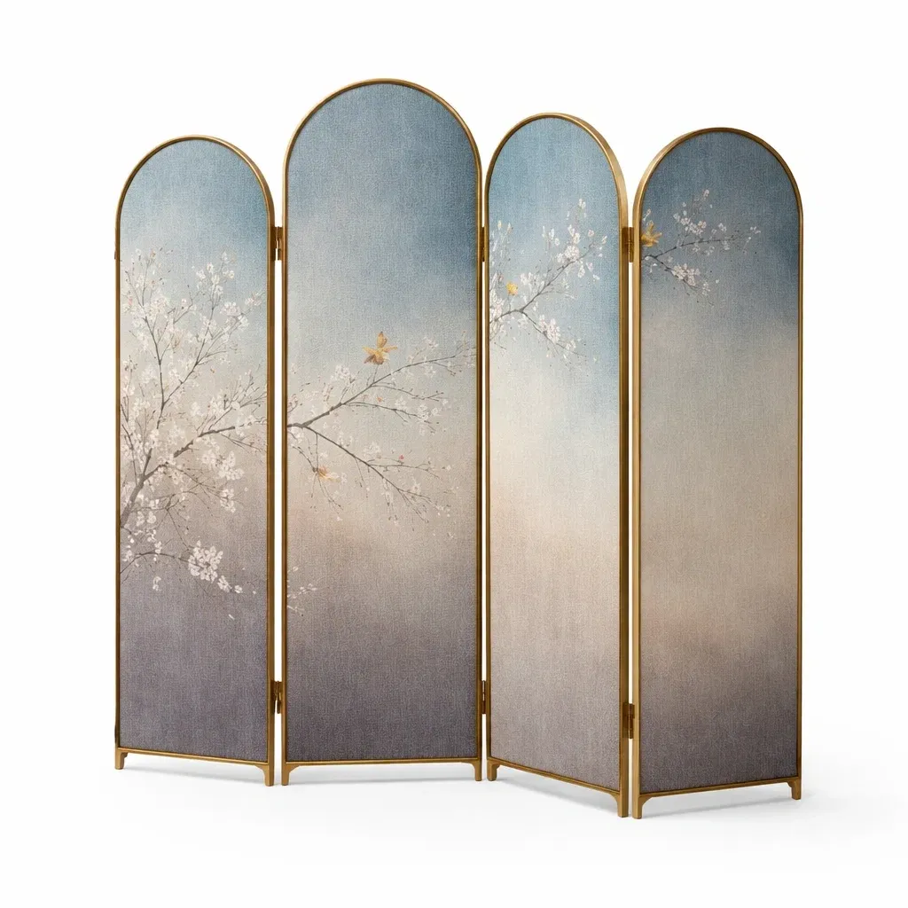 Paravent decoratif quatre panneaux branche florale-cresthomey