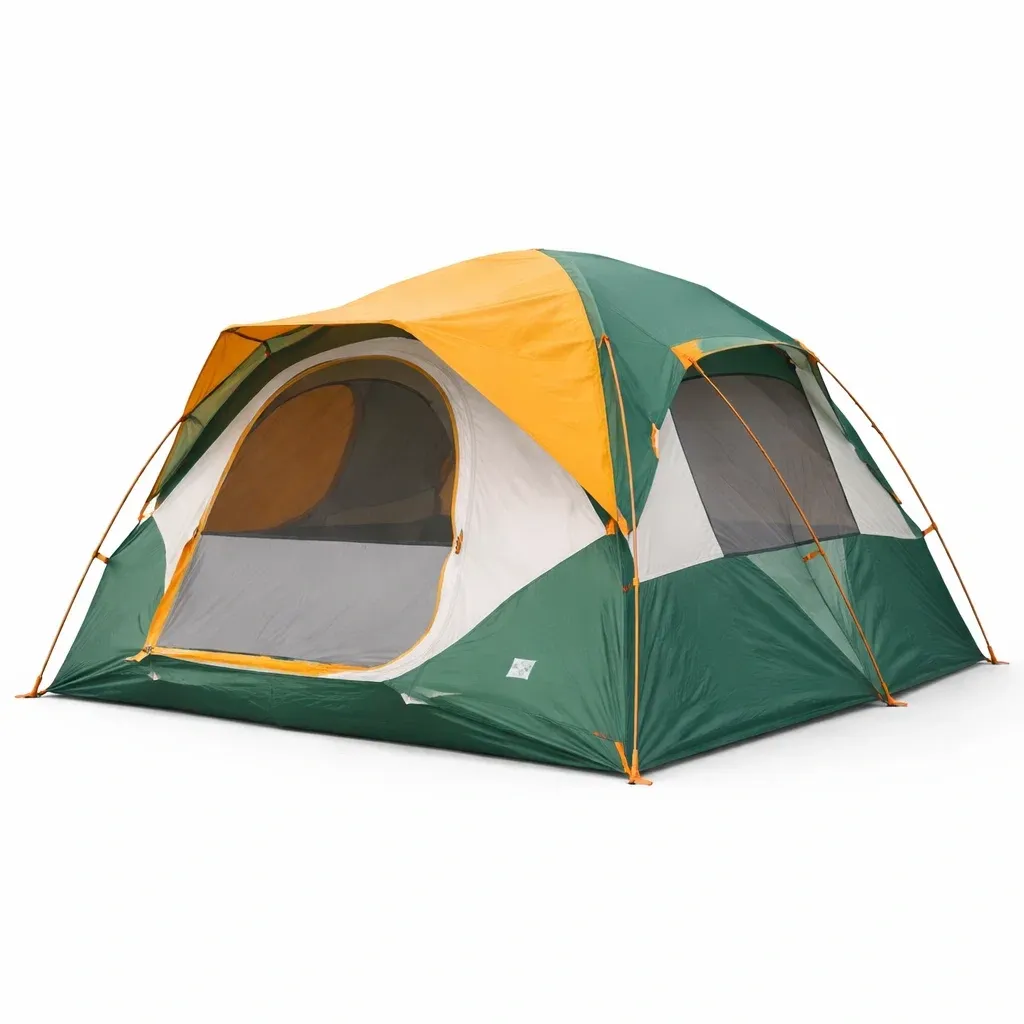 Tente de camping familiale verte et jaune-cresthomey