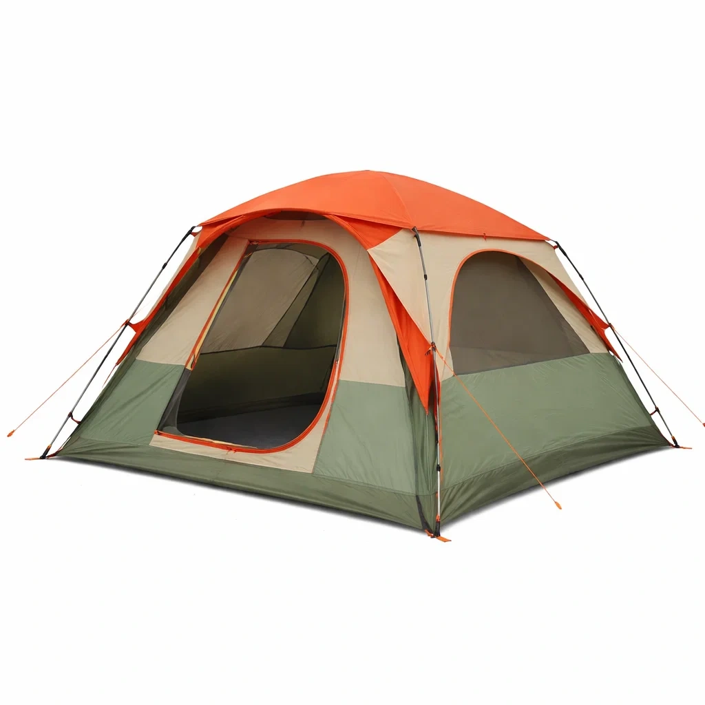 Tente de camping orange et verte a large ouverture-cresthomey
