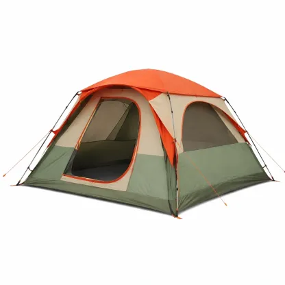 Tente de camping orange et verte a large ouverture-cresthomey