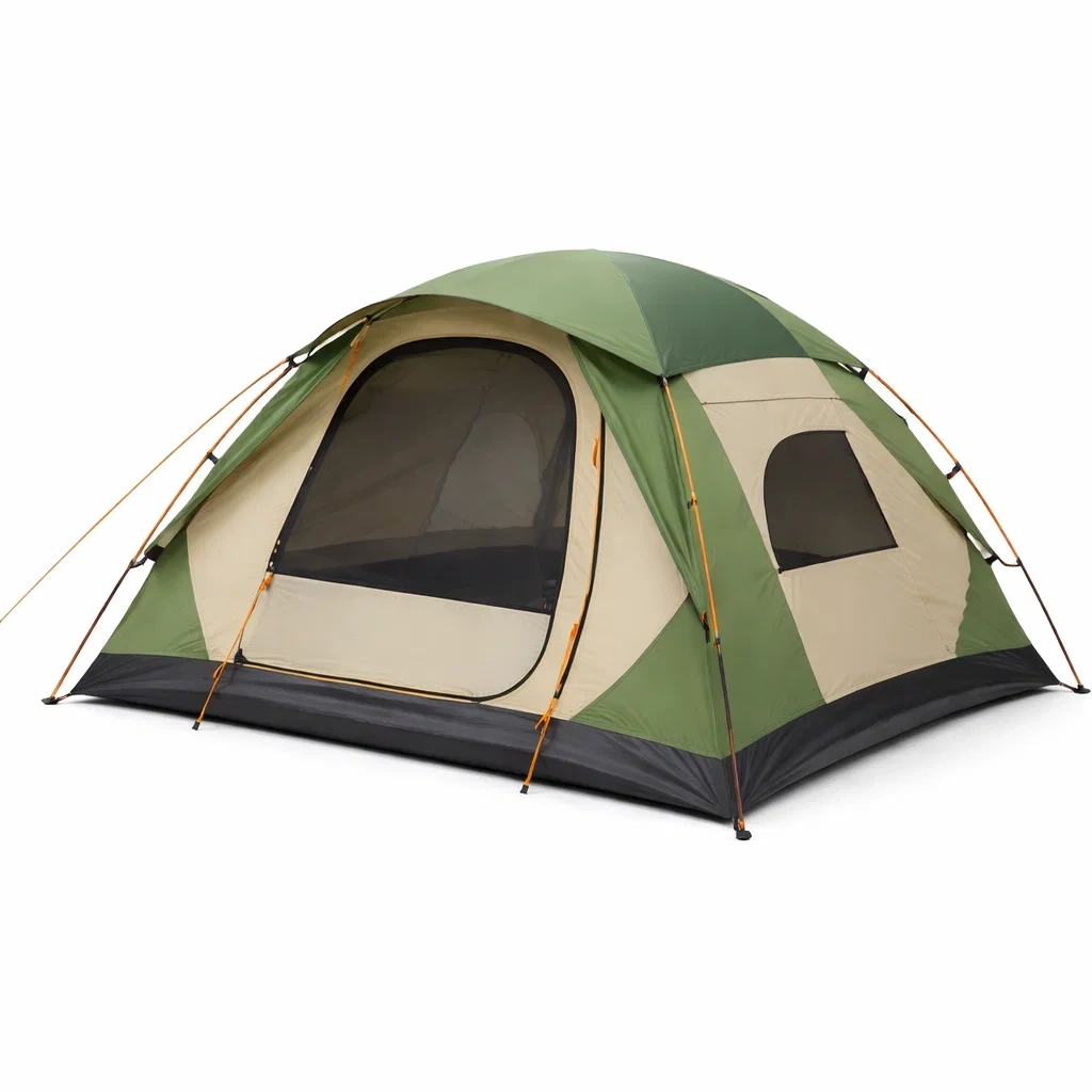 Tente de camping verte foncee avec fenetres laterales-cresthomey