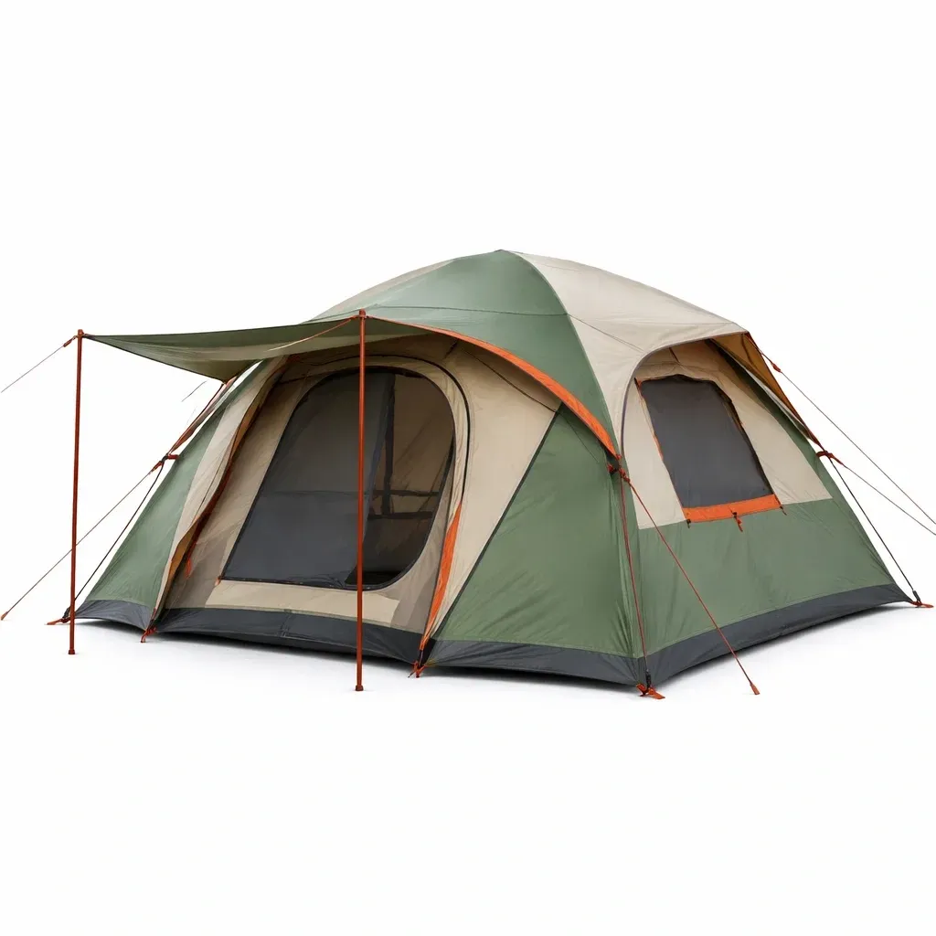 Tente de camping verte avec auvent integre-cresthomey