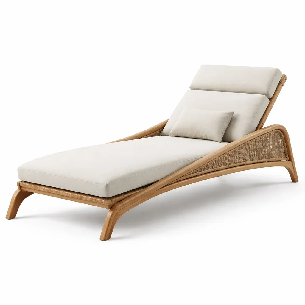 Chaise longue exterieure en bois et coussin beige-cresthomey