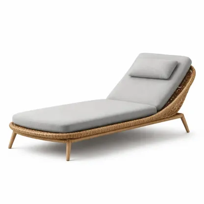 Chaise longue exterieure en rotin avec coussin gris clair-cresthomey