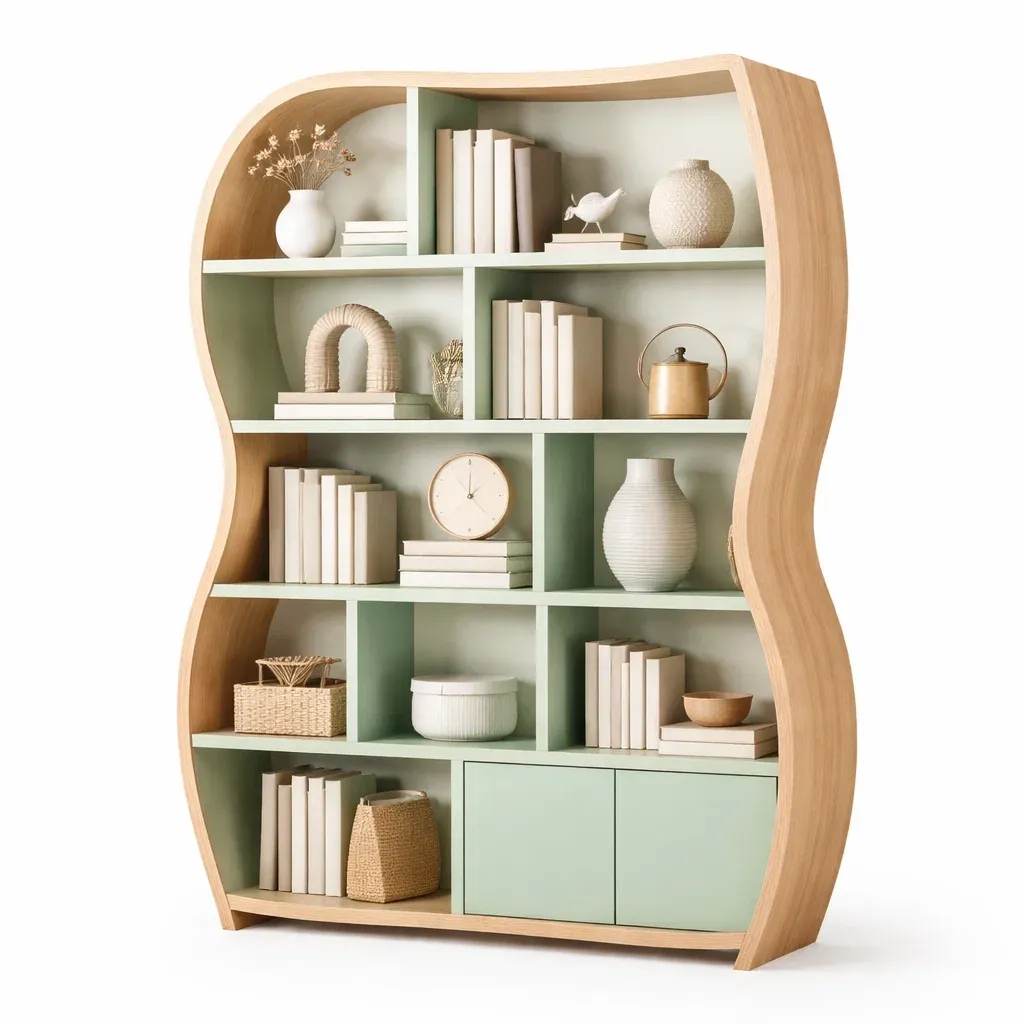 Bibliotheque courbe bois et vert sauge a compartiments-furnikind