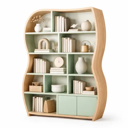 Bibliotheque courbe bois et vert sauge a compartiments-furnikind