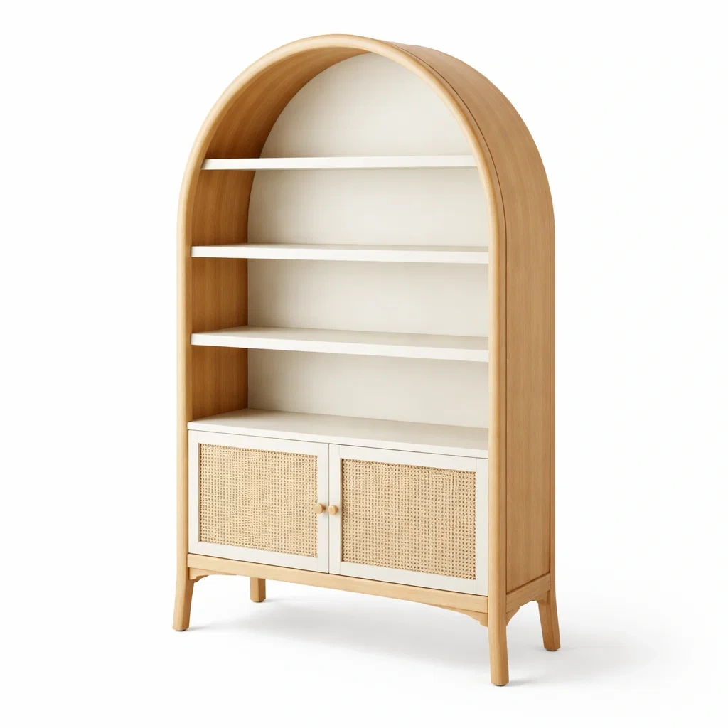 Bibliotheque archee en bois clair avec portes en cannage-furnikind