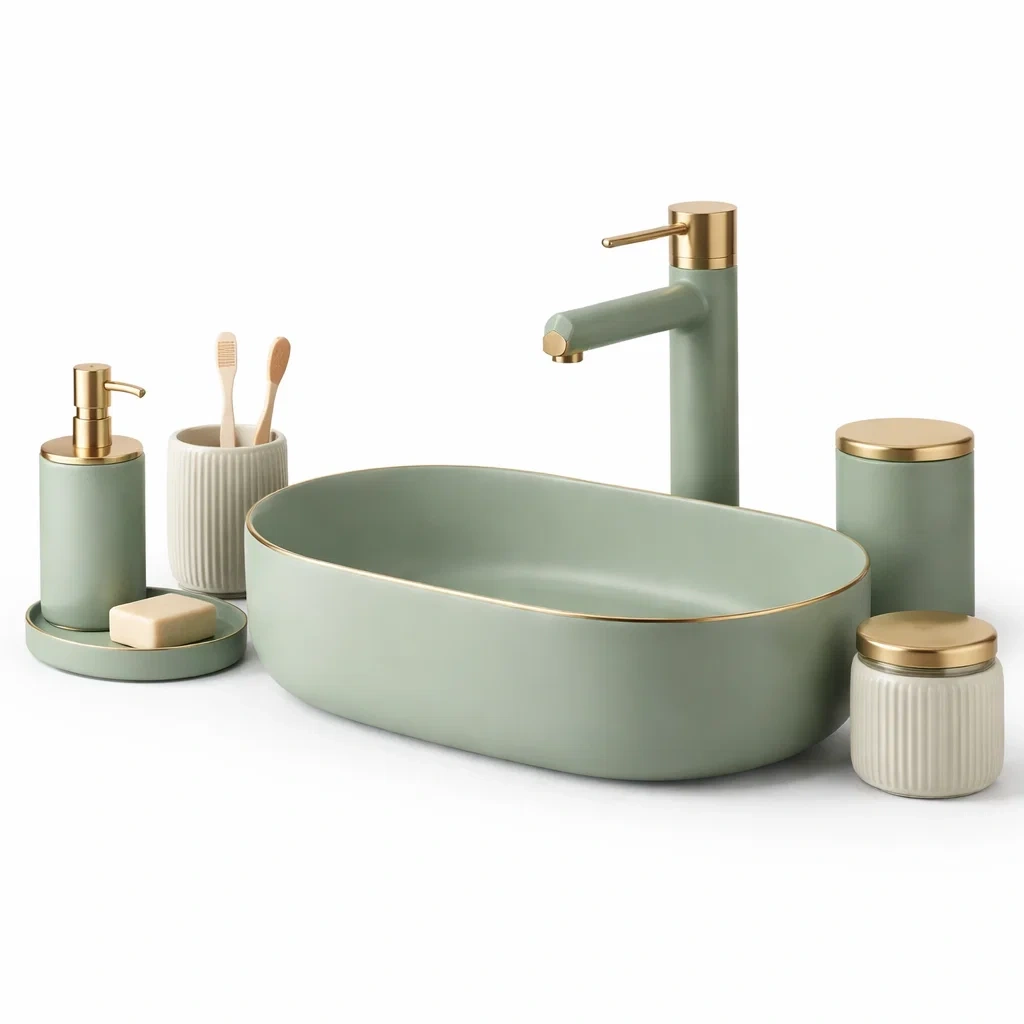 Vasque ovale salle de bain vert mat avec accessoires-furnikind