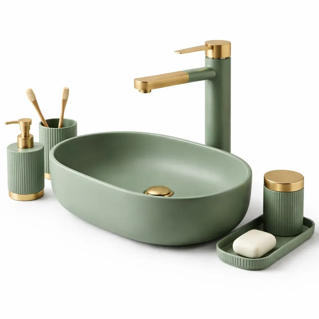 Vasque ovale lavabo vert clair avec robinet haut-furnikind