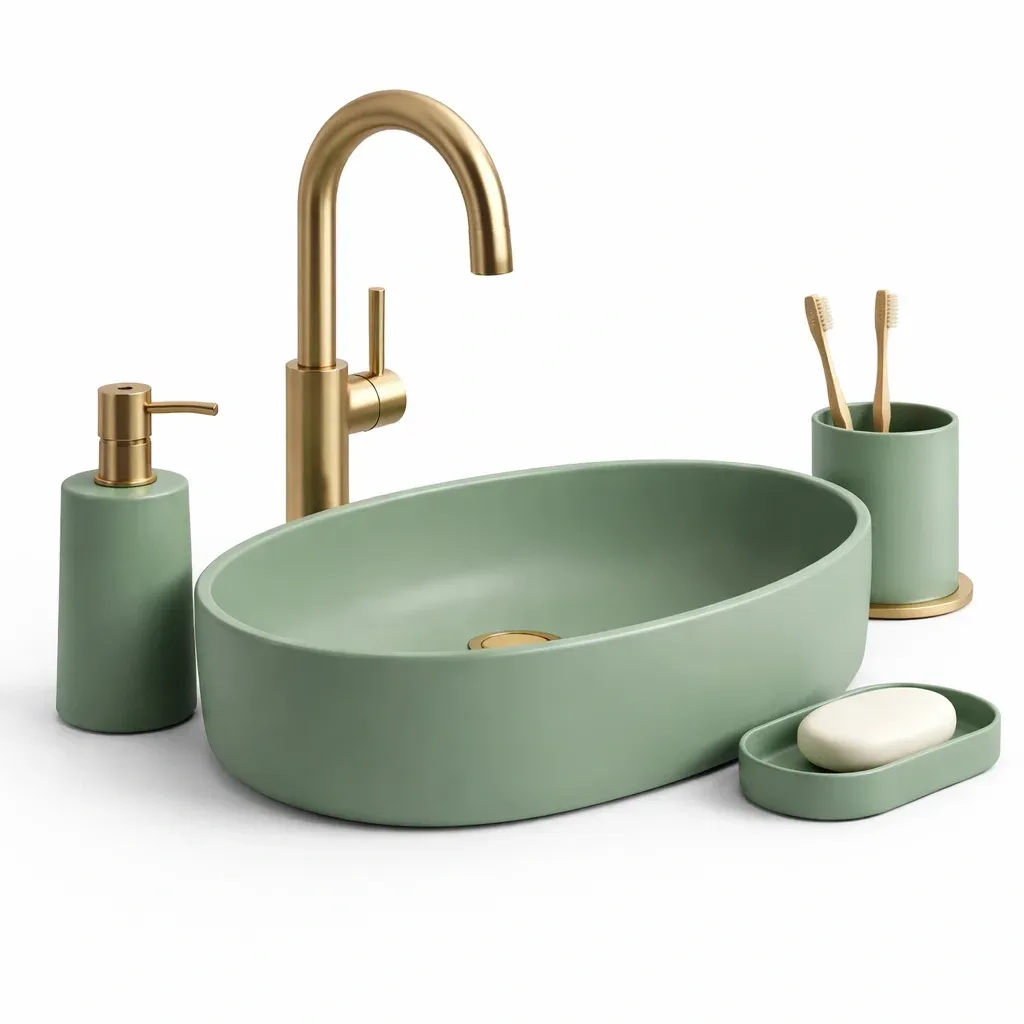 Vasque lavabo ovale vert pastel avec accessoires-furnikind