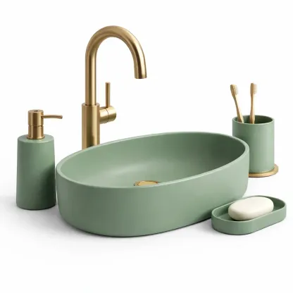 Vasque lavabo ovale vert pastel avec accessoires-furnikind