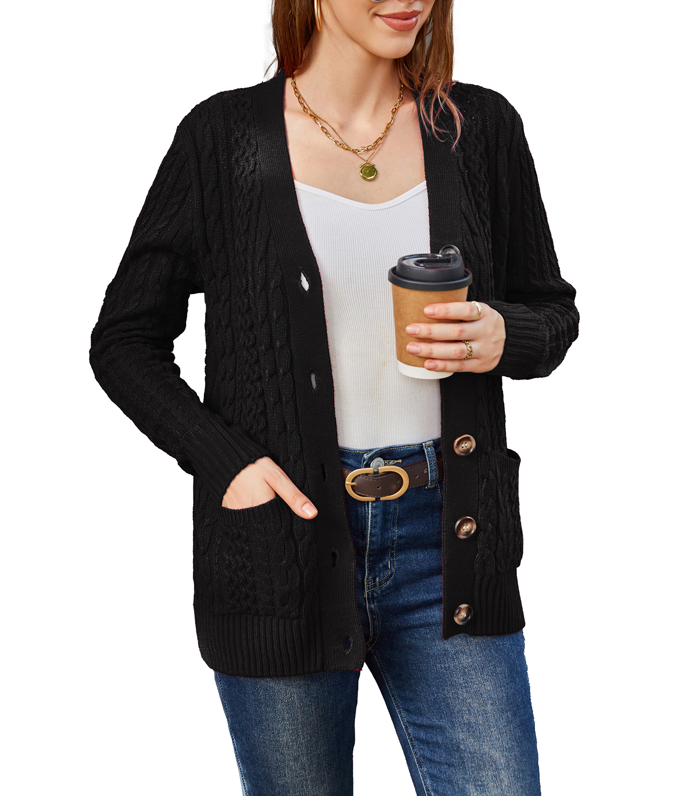 Women's Long Sleeve Cable Knit Sweater Open Front Cardigan Button Loose Outerwear