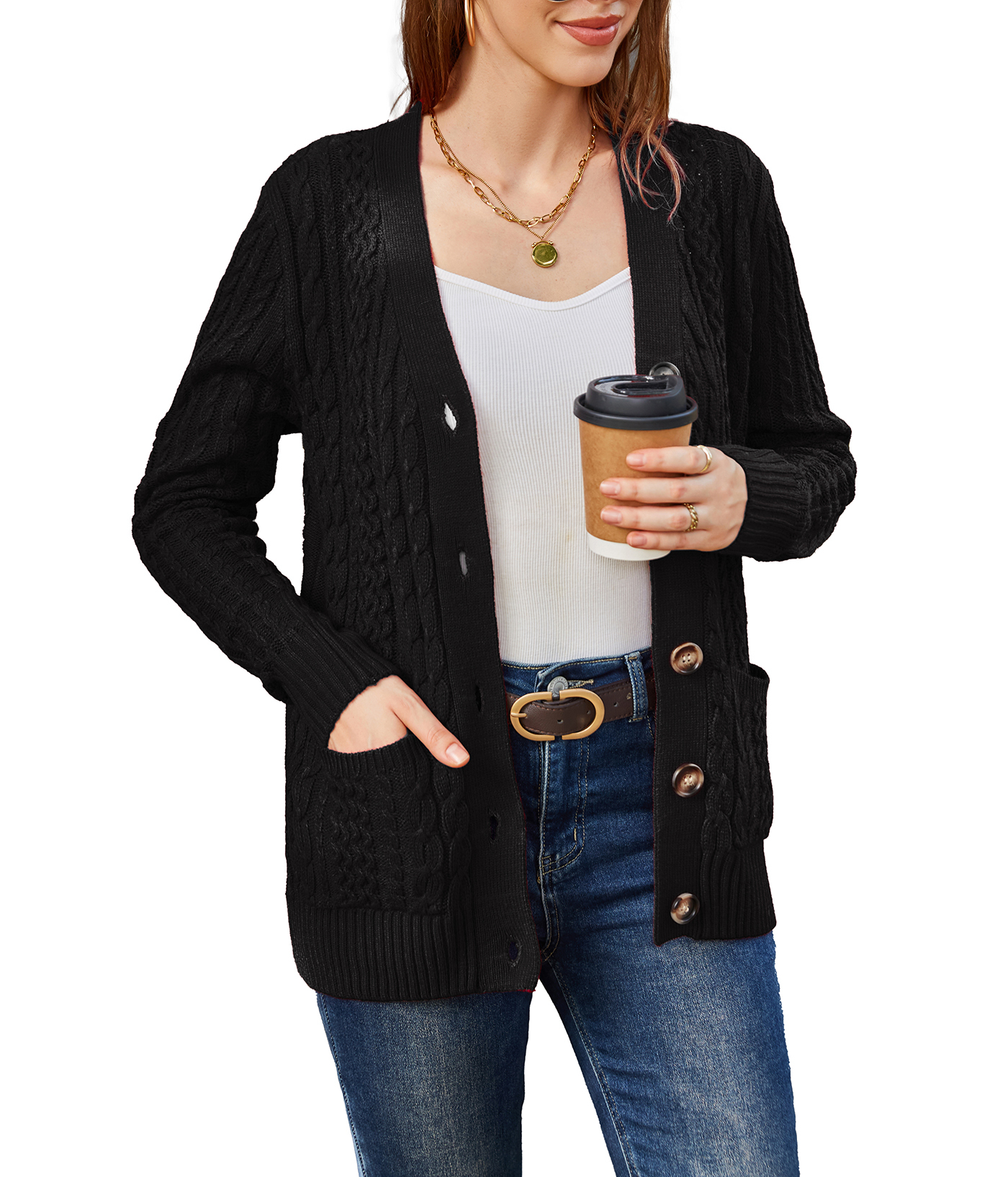 Women's Long Sleeve Cable Knit Sweater Open Front Cardigan Button Loose Outerwear