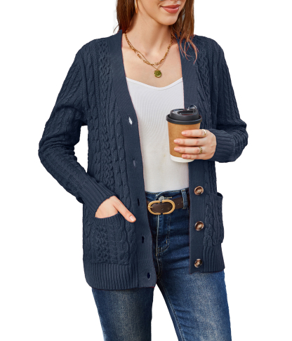 Women's Long Sleeve Cable Knit Sweater Open Front Cardigan Button Loose Outerwear