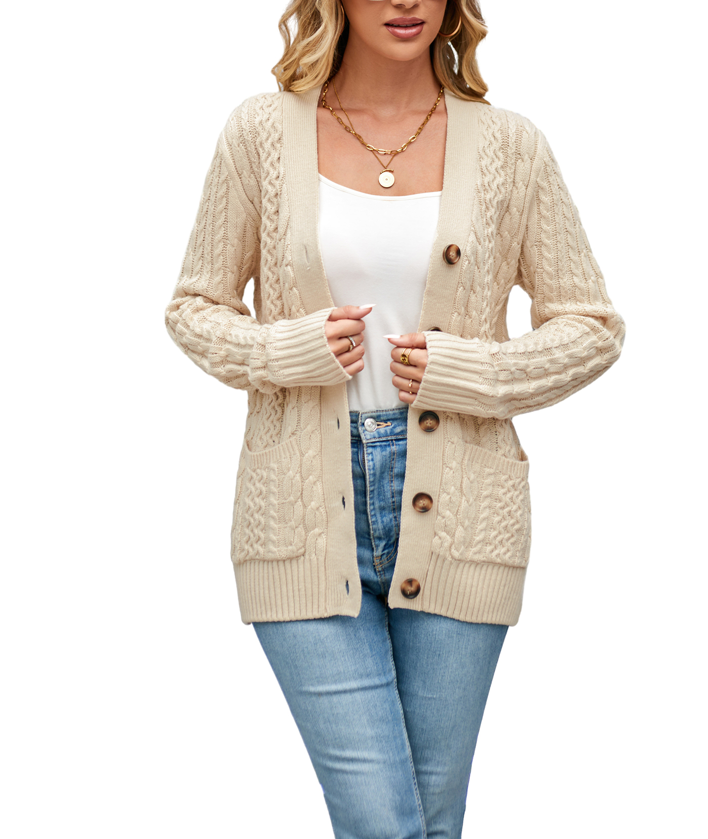 Women's Long Sleeve Cable Knit Sweater Open Front Cardigan Button Loose Outerwear