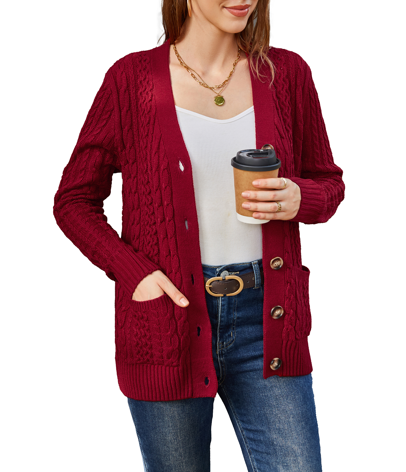 Women's Long Sleeve Cable Knit Sweater Open Front Cardigan Button Loose Outerwear