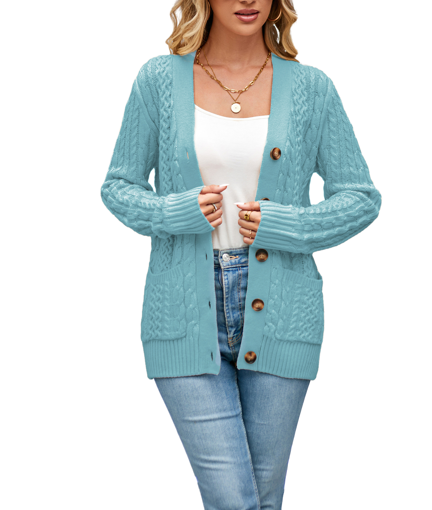 Women's Long Sleeve Cable Knit Sweater Open Front Cardigan Button Loose Outerwear