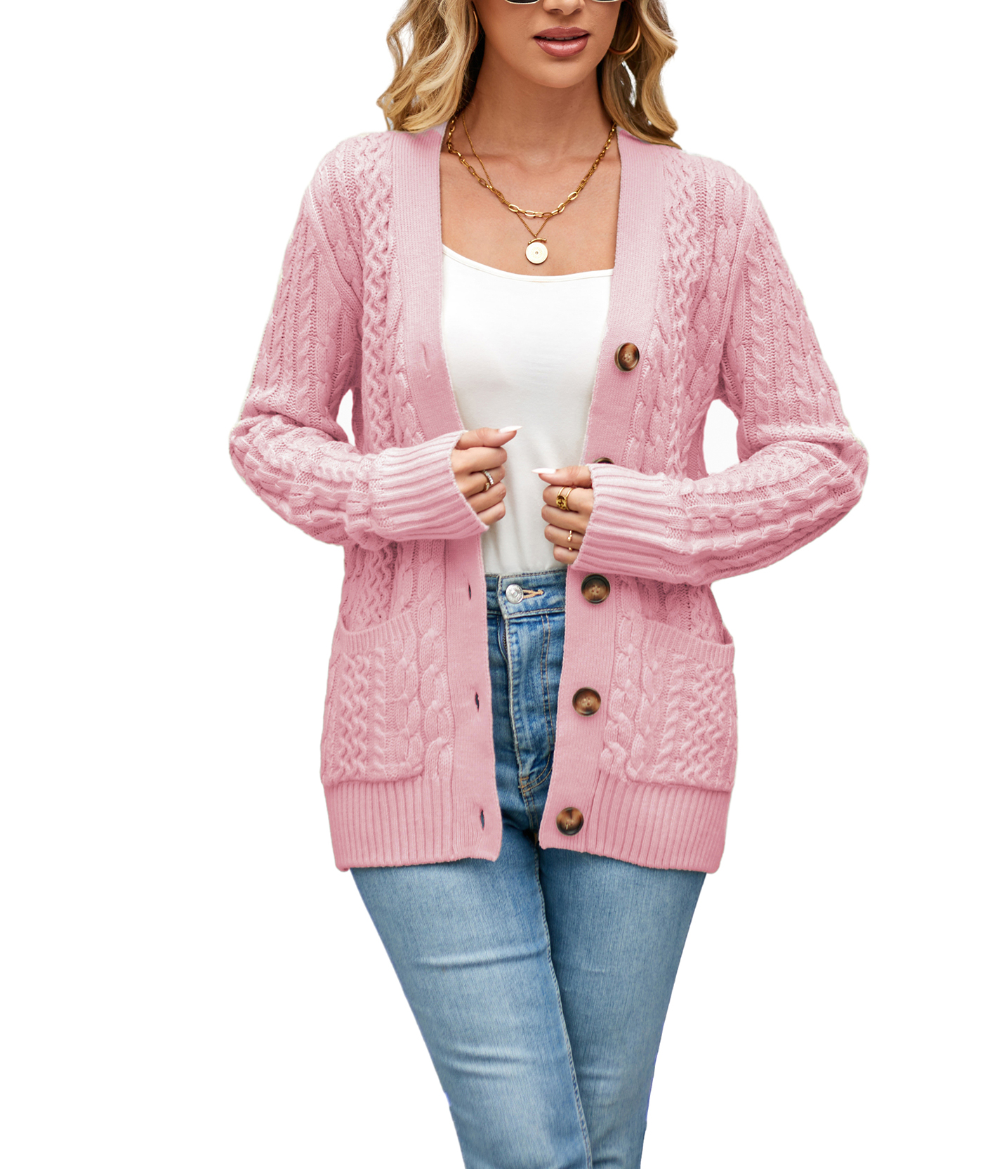 Women's Long Sleeve Cable Knit Sweater Open Front Cardigan Button Loose Outerwear
