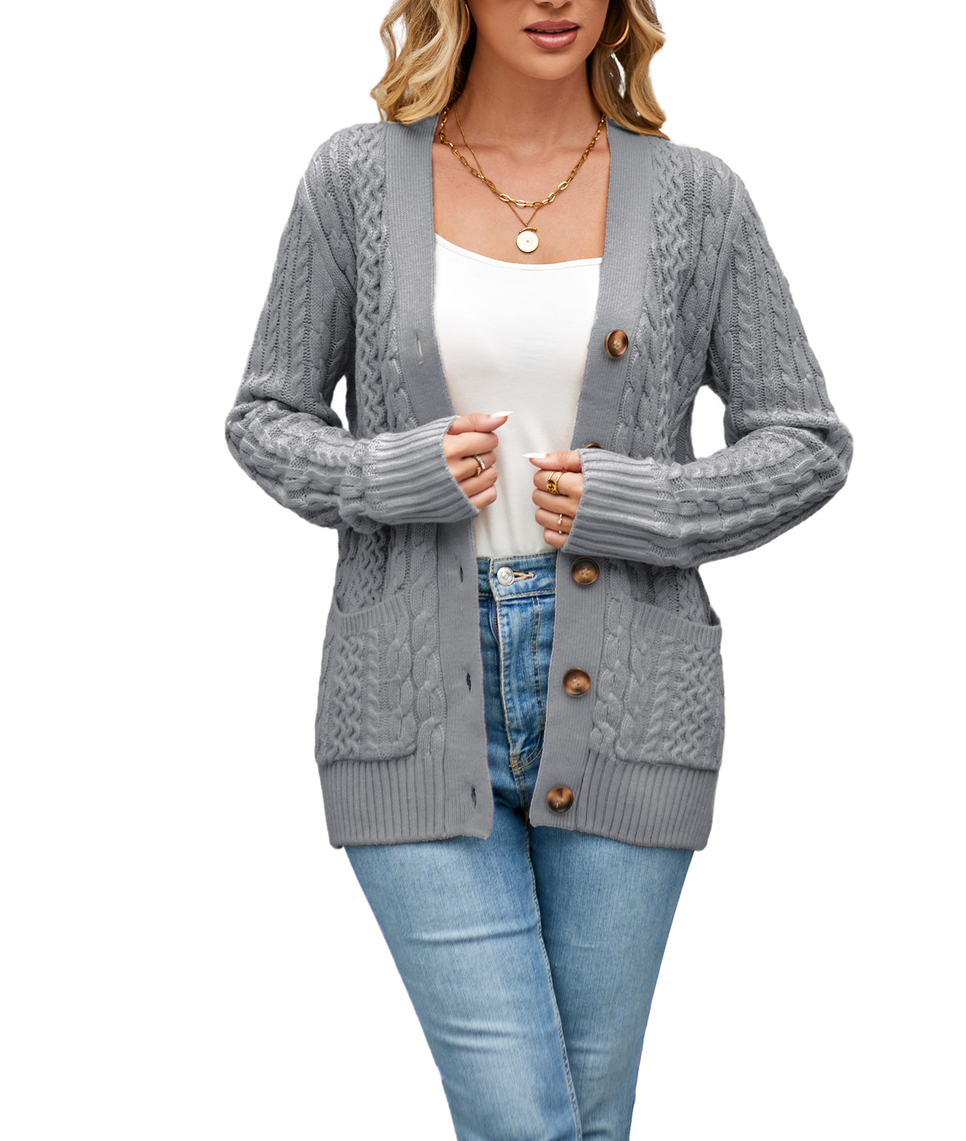 Women's Long Sleeve Cable Knit Sweater Open Front Cardigan Button Loose Outerwear