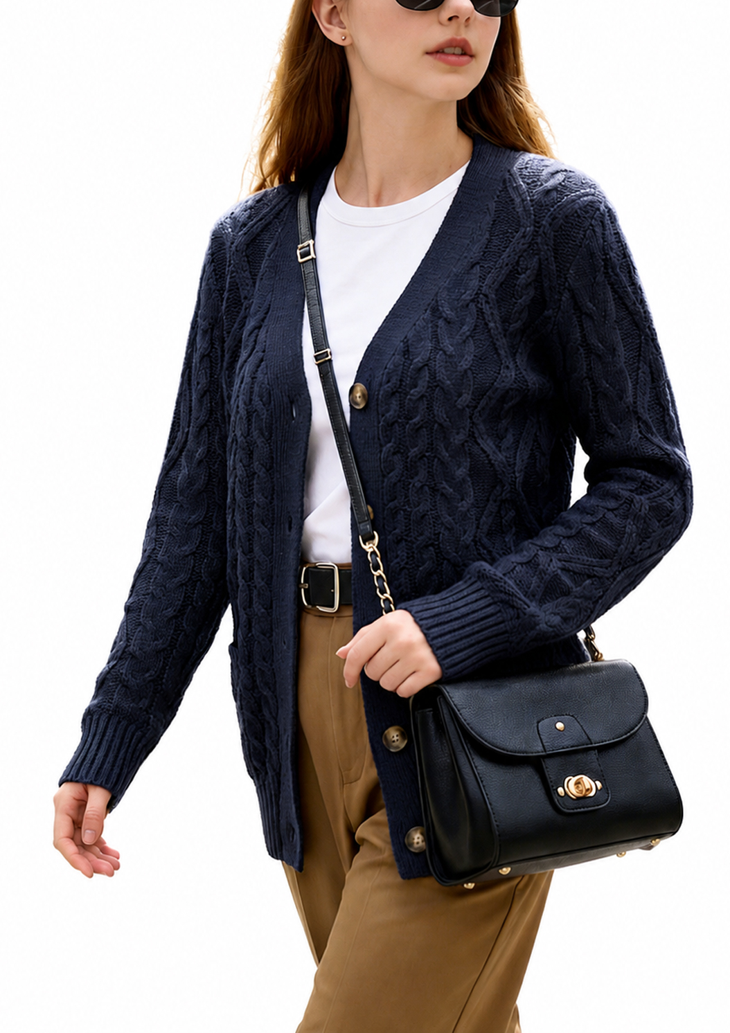 Women’s Cable Knit Cardigan Sweater Button Down V Neck Long Sleeve Soft Lightweight Knit Open Front Casual Fall Outerwear with Pockets