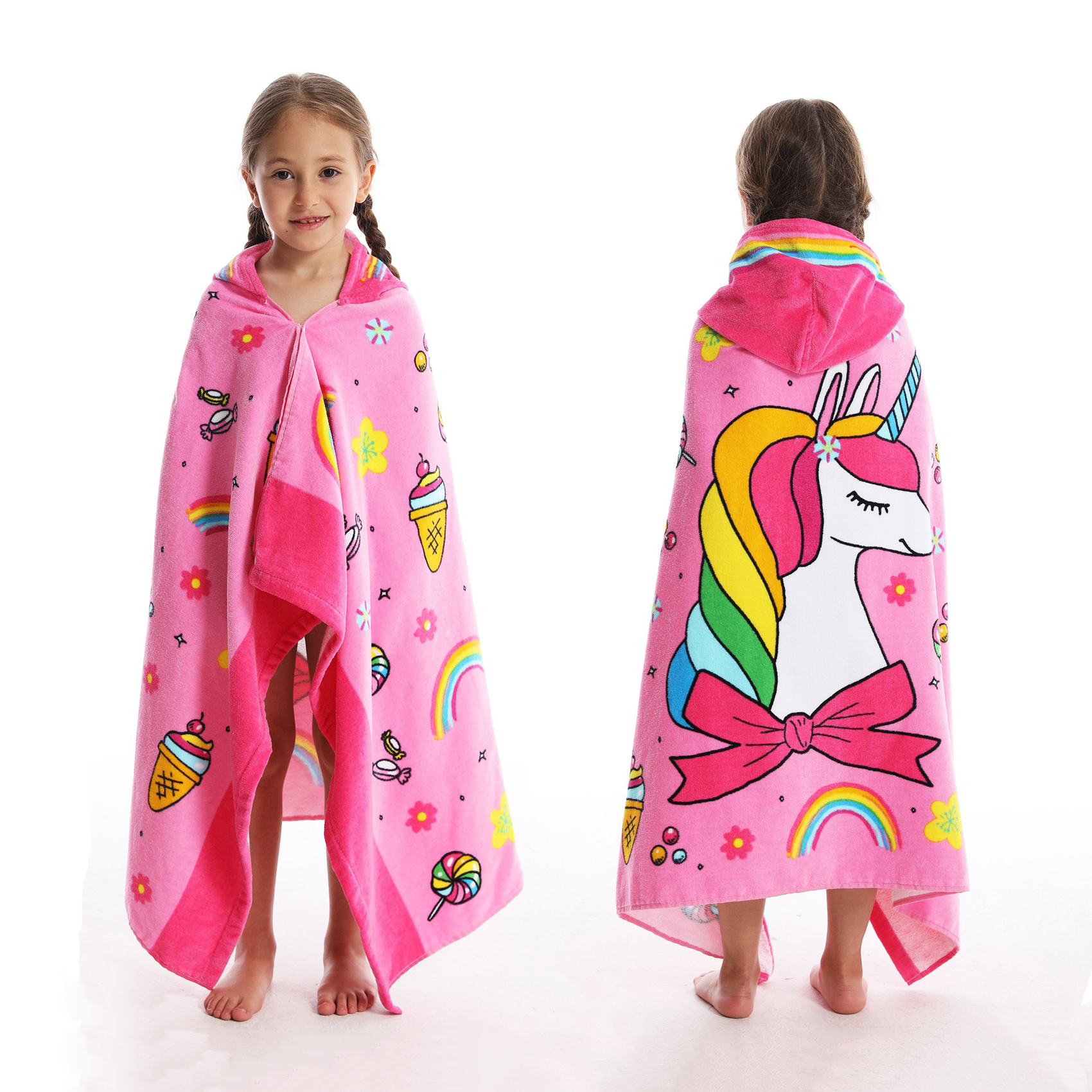 Boys' and Girls' Hooded Beach Towel, Bath & Pool Towel 30×50 Inches Oversized Super Absorbent Adorable Cartoon Animal Designs Vibrant and Energetic 100% Cotton Wearable Kids' Wrap Towel