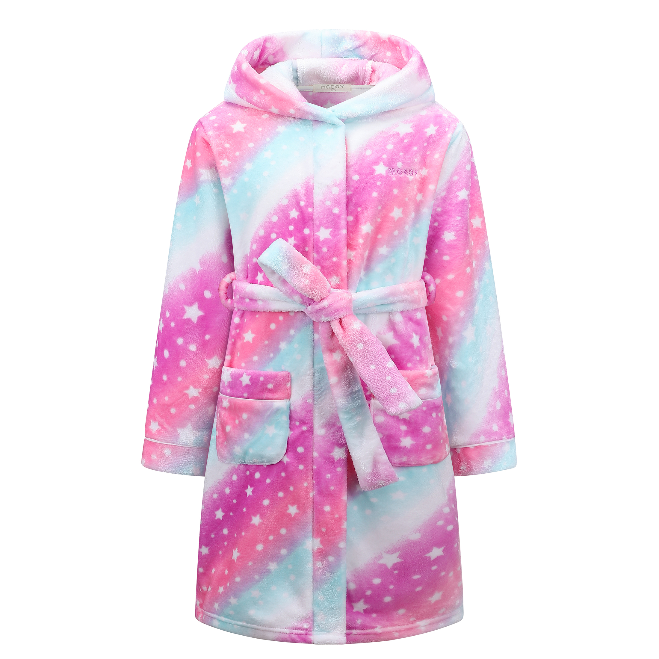 Kids Hooded Fleece Robe for Girls Soft Plush Bathrobe Warm Flannel Sleepwear with Belt Pockets Cute Cozy Housecoat for Toddler and Big Girls