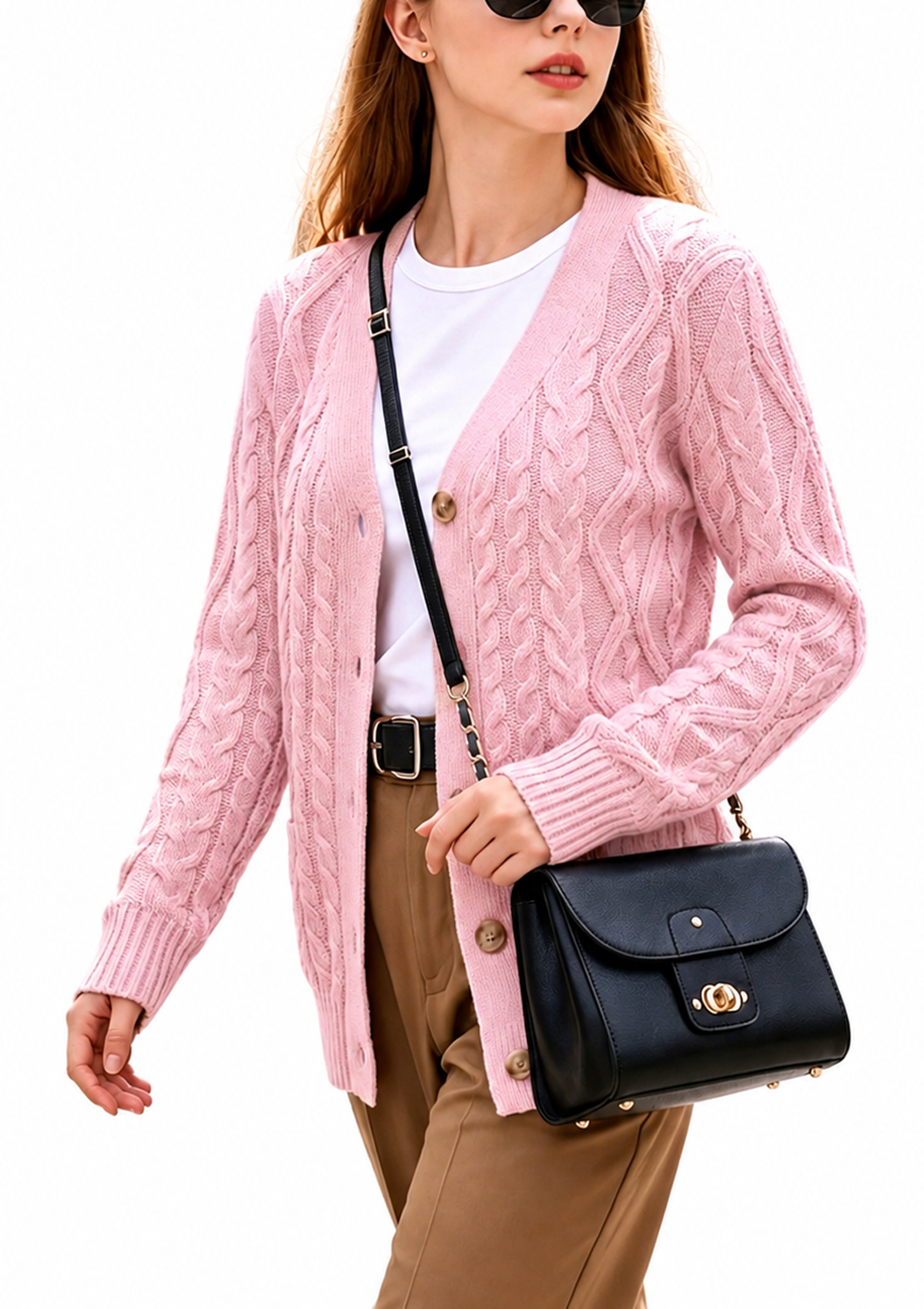 Women’s Cable Knit Cardigan Sweater Button Down V Neck Long Sleeve Soft Lightweight Knit Open Front Casual Fall Outerwear with Pockets