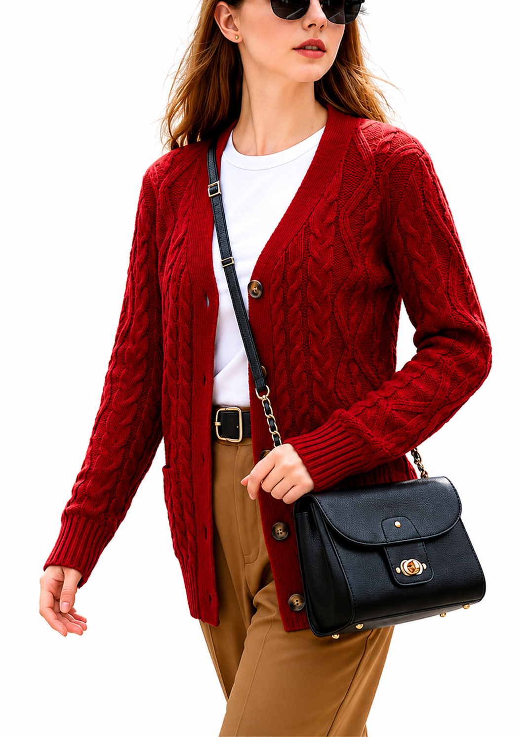 Women’s Cable Knit Cardigan Sweater Button Down V Neck Long Sleeve Soft Lightweight Knit Open Front Casual Fall Outerwear with Pockets