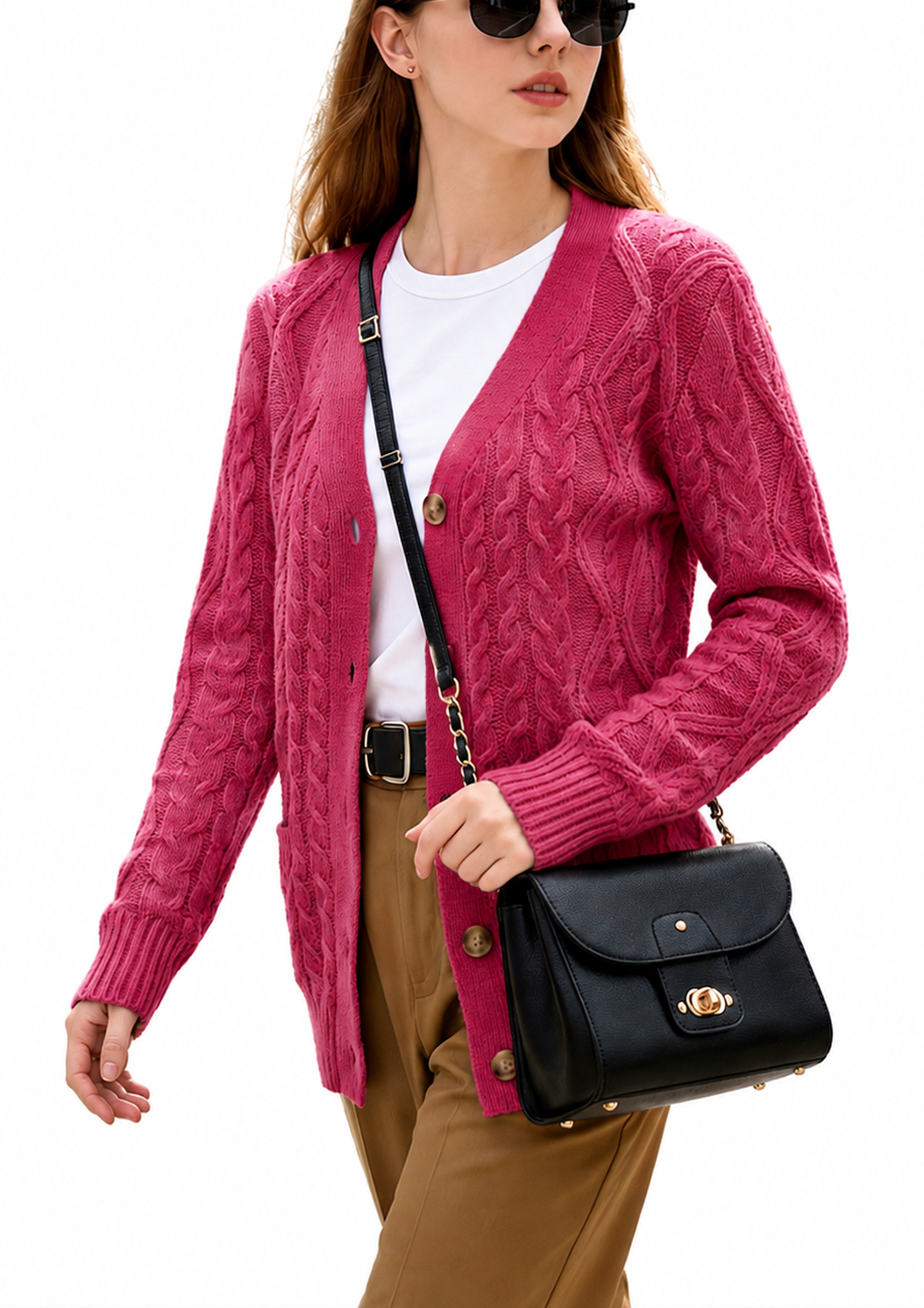 Women’s Cable Knit Cardigan Sweater Button Down V Neck Long Sleeve Soft Lightweight Knit Open Front Casual Fall Outerwear with Pockets