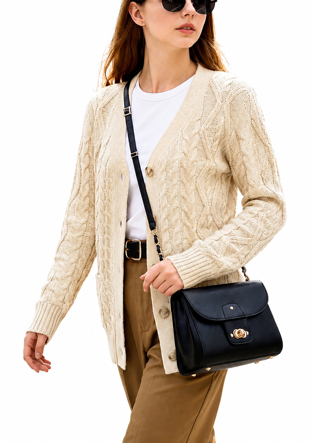 Women’s Cable Knit Cardigan Sweater Button Down V Neck Long Sleeve Soft Lightweight Knit Open Front Casual Fall Outerwear with Pockets