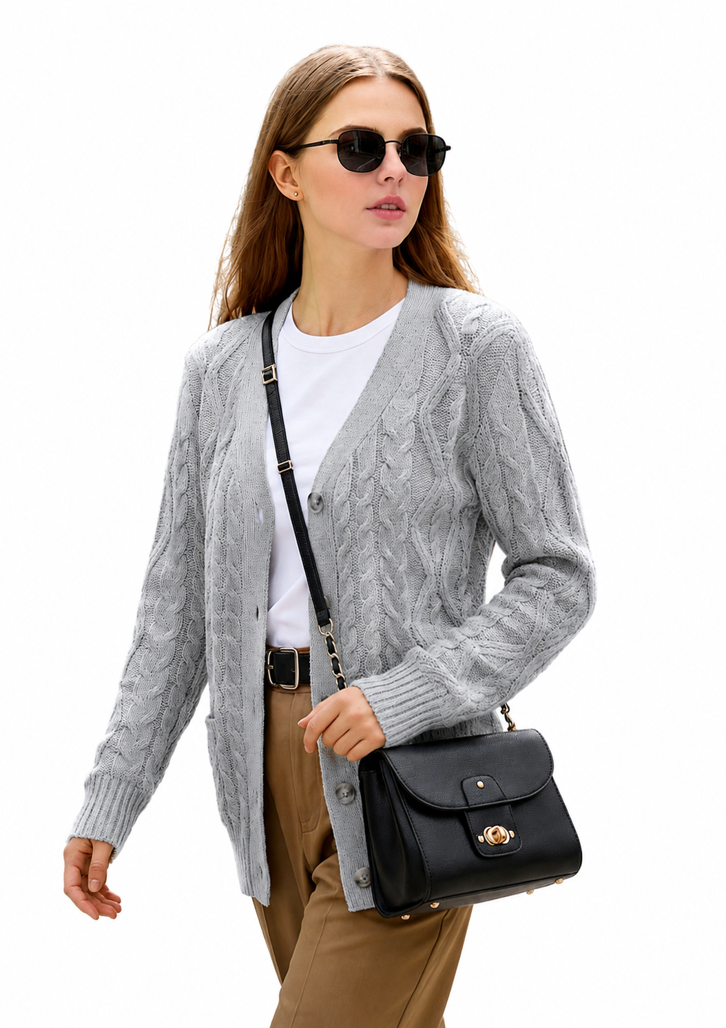 Women’s Cable Knit Cardigan Sweater Button Down V Neck Long Sleeve Soft Lightweight Knit Open Front Casual Fall Outerwear with Pockets