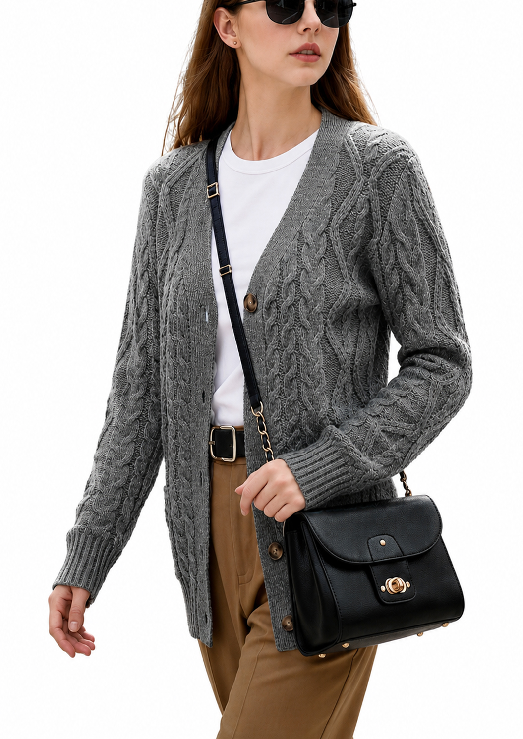 Women’s Cable Knit Cardigan Sweater Button Down V Neck Long Sleeve Soft Lightweight Knit Open Front Casual Fall Outerwear with Pockets