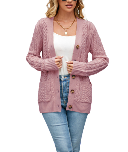 Women's Long Sleeve Cable Knit Sweater Open Front Cardigan Button Loose Outerwear