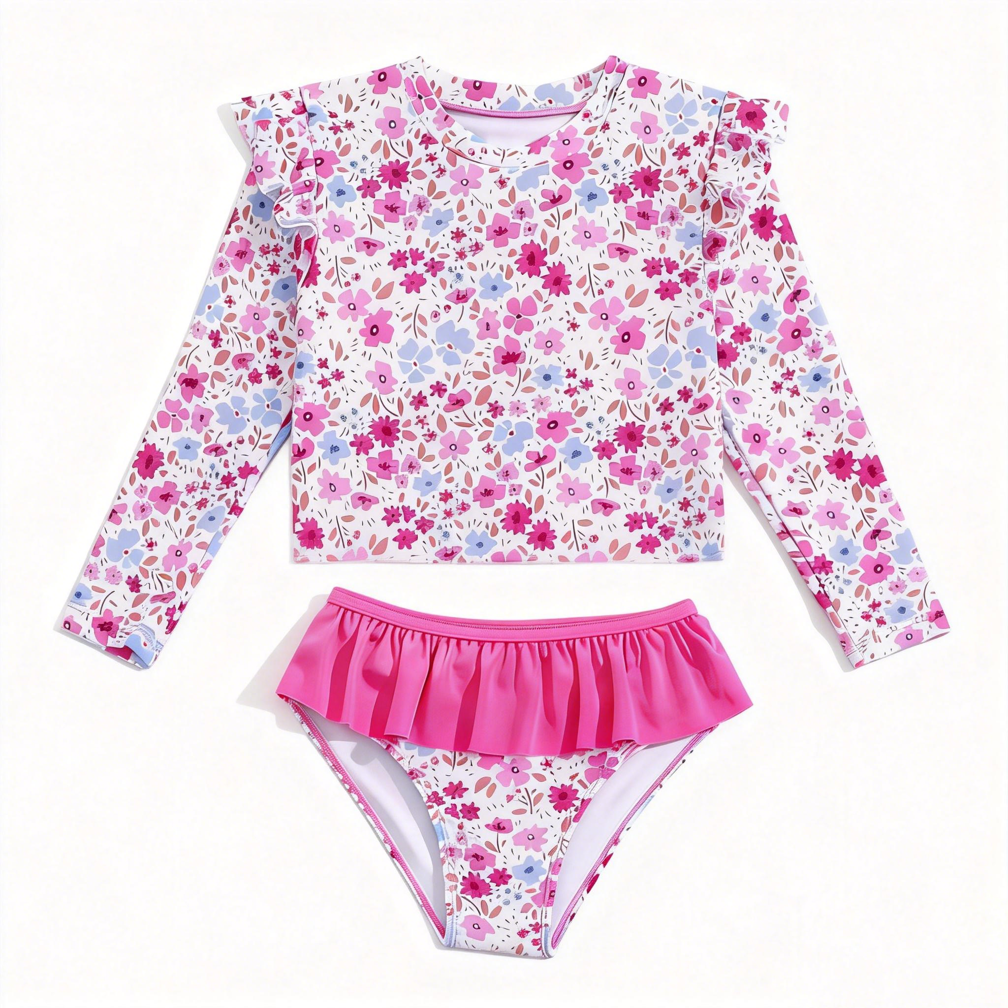 Toddler Girls Rash Guard Sets with Bikini Bottoms Swimwear（4-7Y）