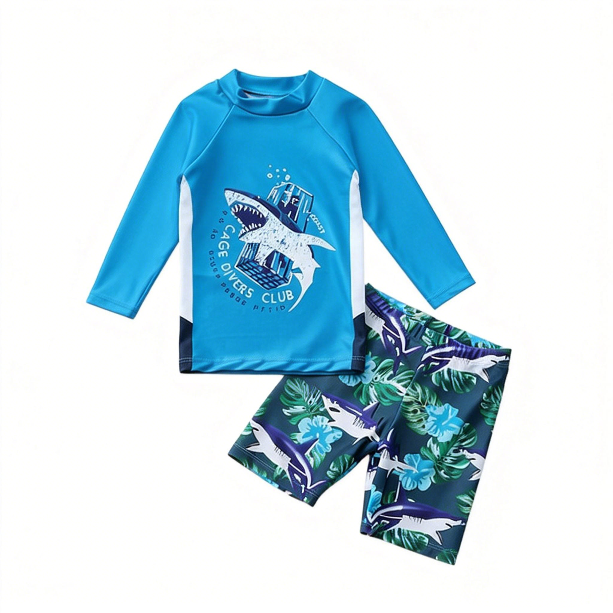 Boys Two Piece Rash Guard Swimsuits Kids Long Sleeve Sunsuit Swimwear Sets