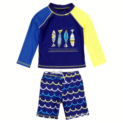 Boys Two Piece Rash Guard Swimsuits Kids Long Sleeve Sunsuit Swimwear Sets