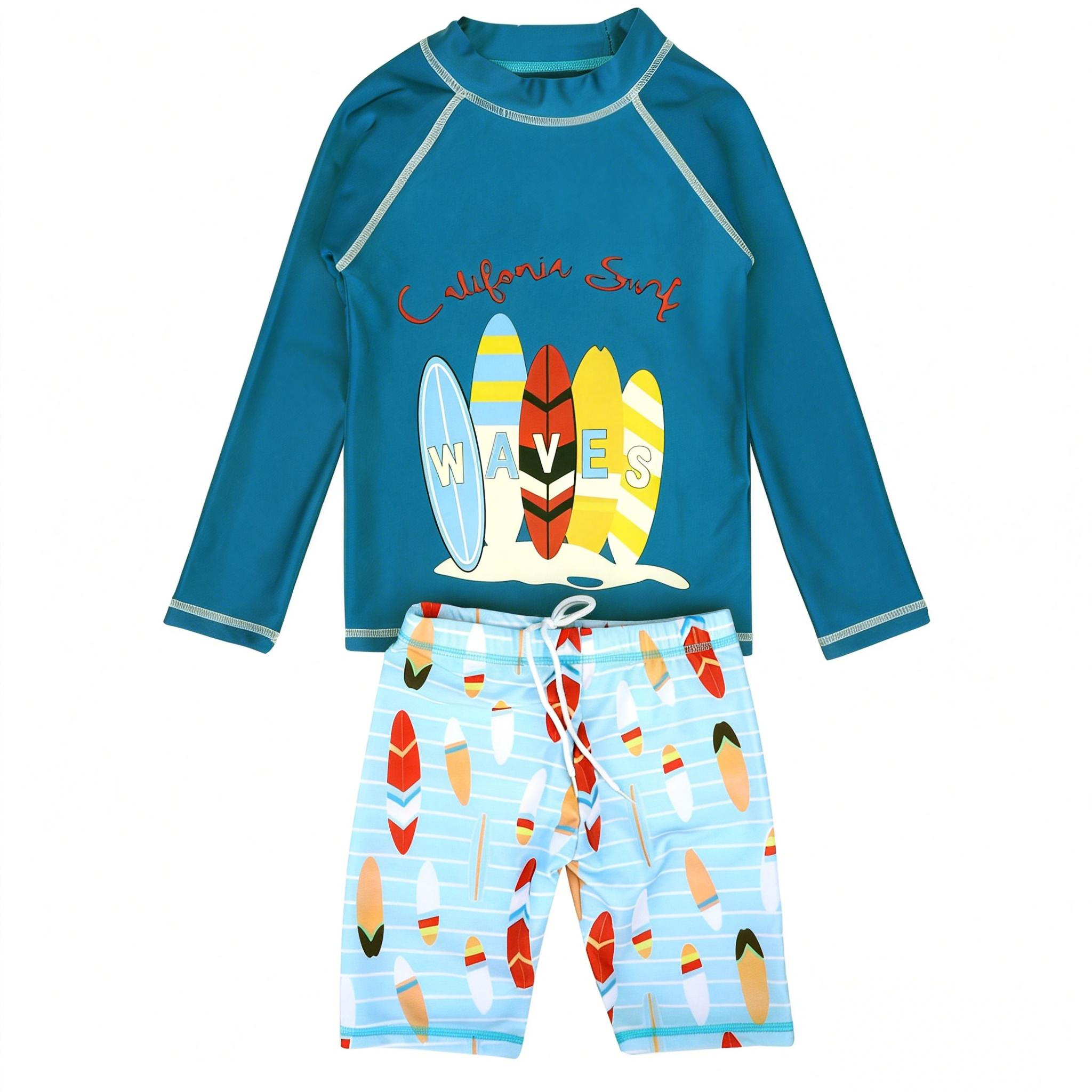 Boys Two Piece Rash Guard Swimsuits Kids Long Sleeve Sunsuit Swimwear Sets