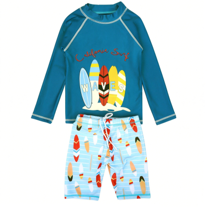 Boys Two Piece Rash Guard Swimsuits Kids Long Sleeve Sunsuit Swimwear Sets