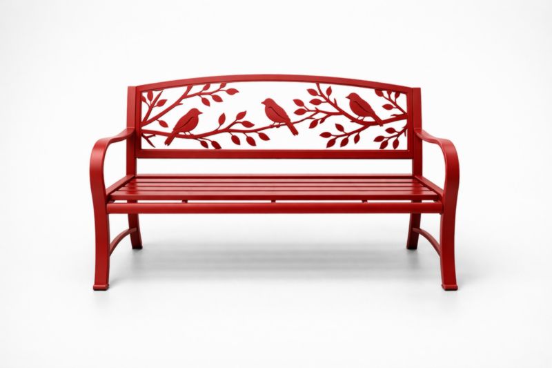 Panca in acciaio con motivi di uccelli rossa