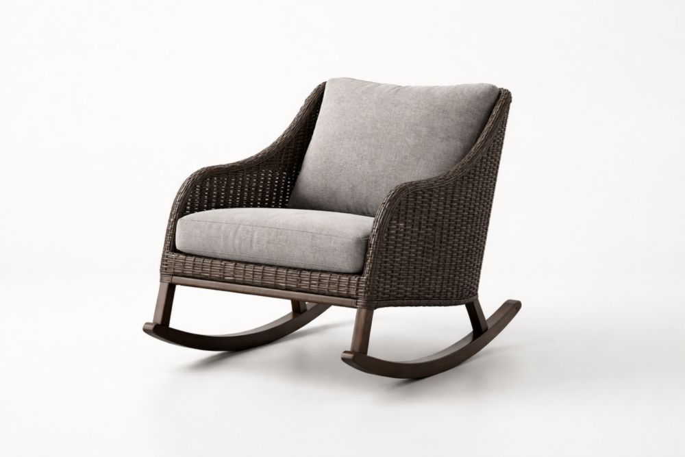 Sedia a dondolo da esterno in Rattan Sintetico Marrone con cuscino Grigio rimovibile