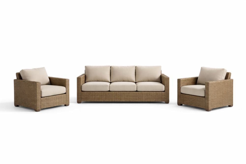 Set salotto esterno in rattan sintetico con divano a 3 posti e poltrone cuscini beige