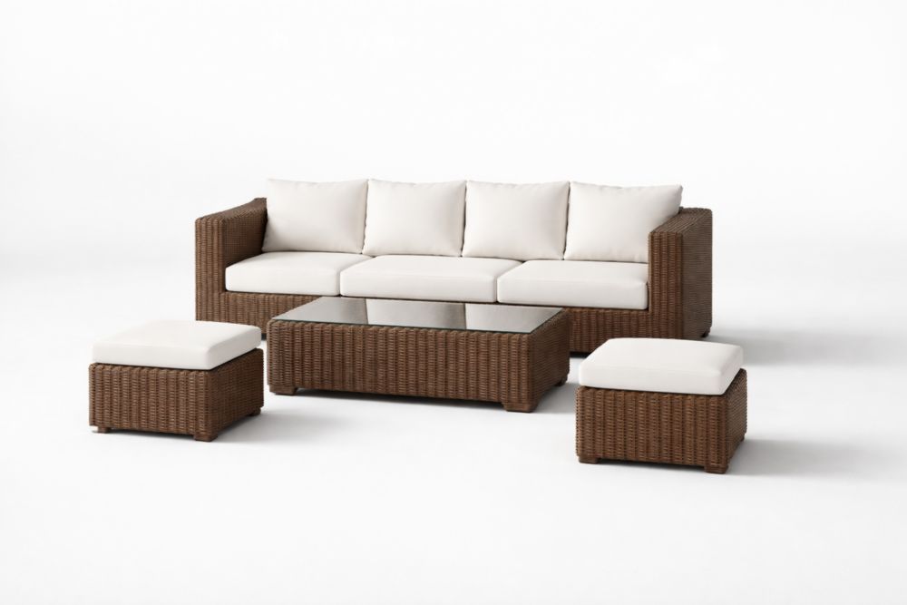 Set divano da esterno in rattan sintetico con cuscini e tavolo in vetro temprato