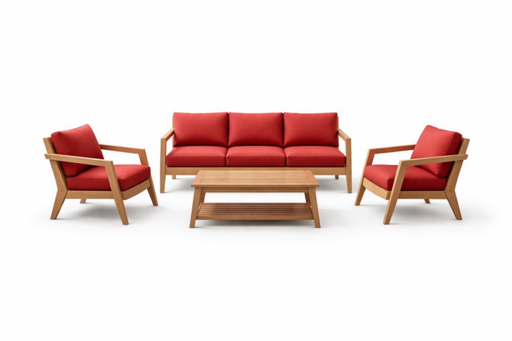 Set da Esterno con Divano 3 Posti e 2 Poltrone in Legno Massello con Cuscini Rossi